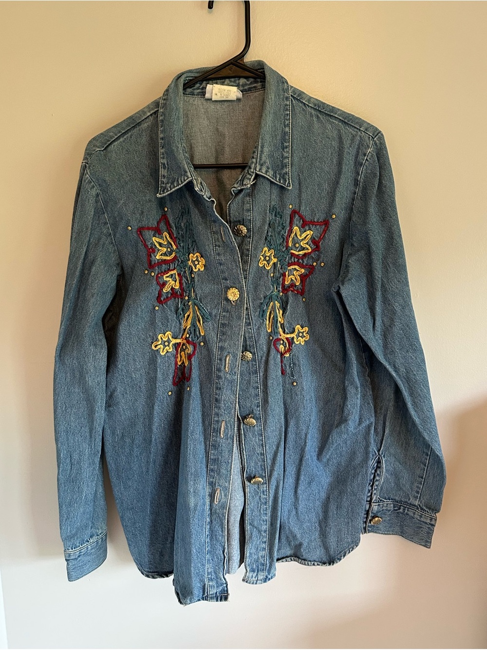 Vintage Embroidered Denim Button Down Shirt - Blue with Red & Yellow Accents